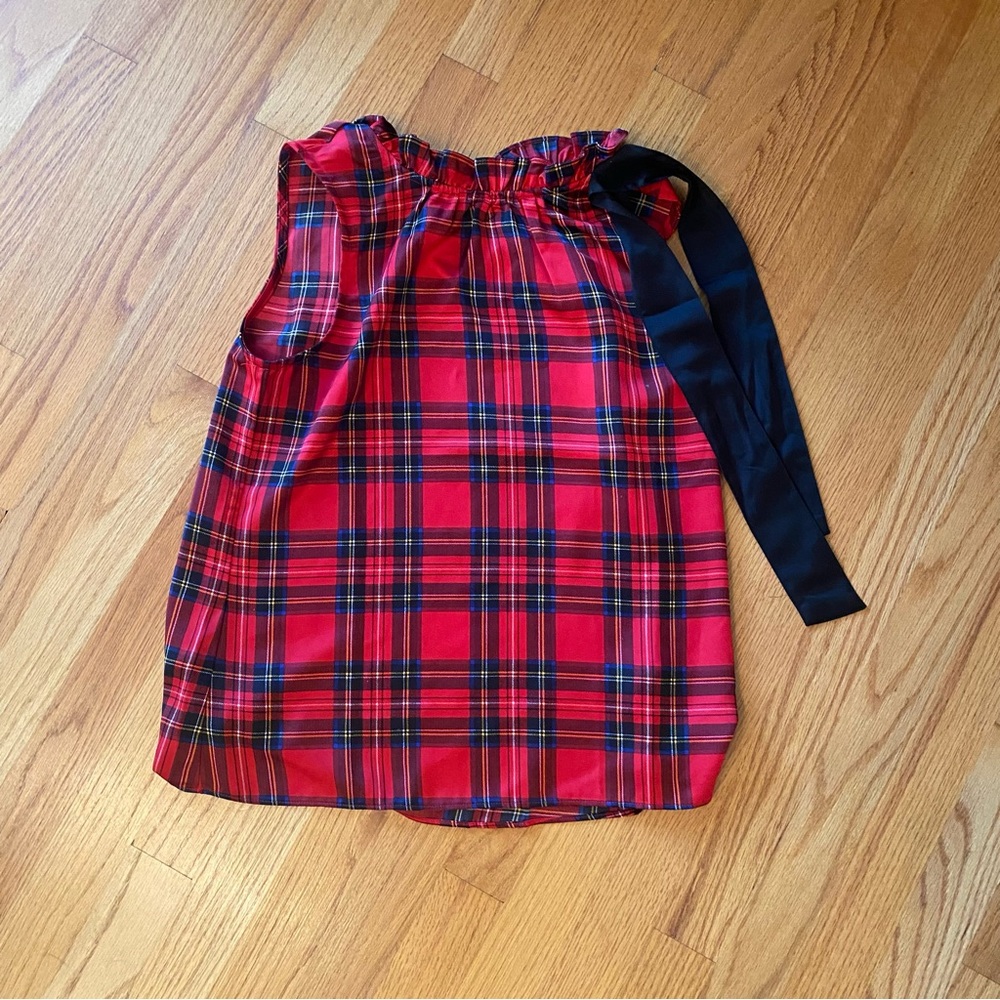 J.Crew Red Plaid Ruffleneck Sleeveless Top with Black Ribbon